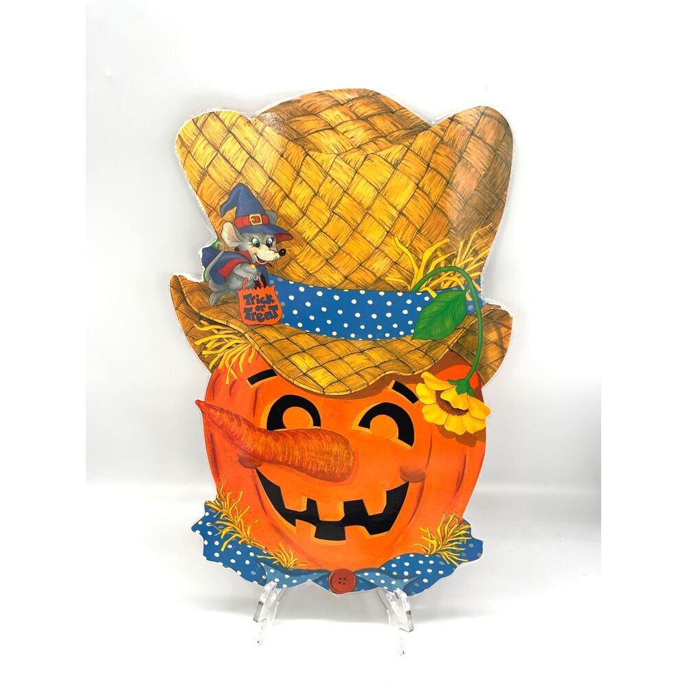 Vintage USA Halloween Die Cut Pumpkin Scarecrow Decoration Double Sided 15"x9.5"